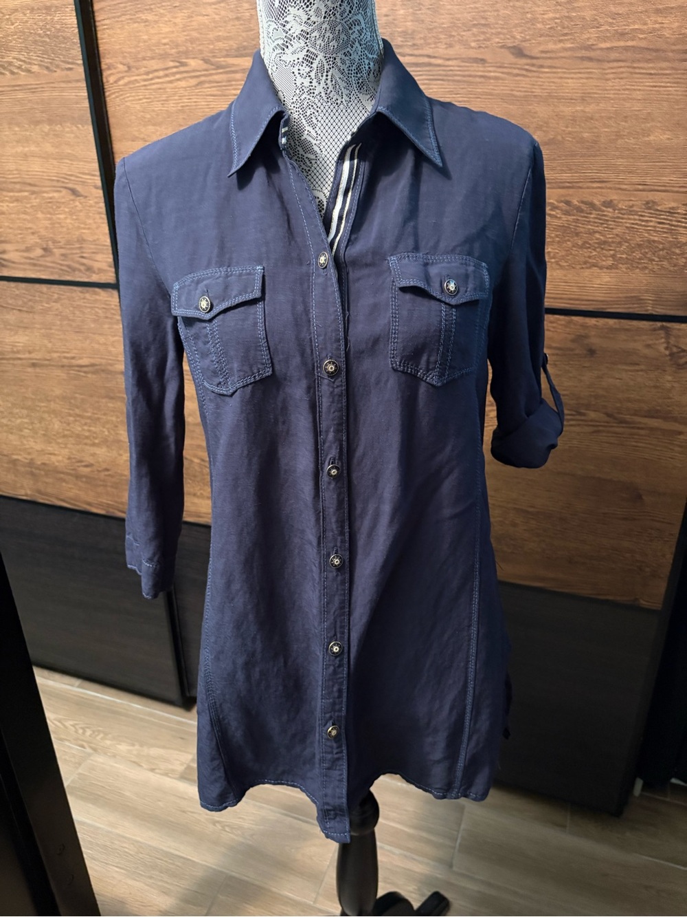 Navy Button-Up Tunic Shirt with Nautical Theme